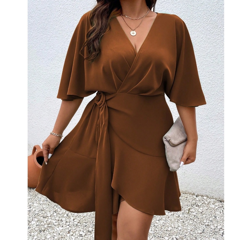 Plus solid Batwing Sleeve Ruffle Hem Mini Dress - Picture 7 of 13
